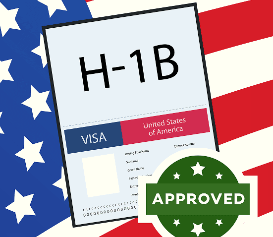 H-1B Visa with approved stamp on US flag background