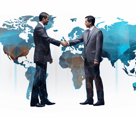Business professionals shaking hands with world map background