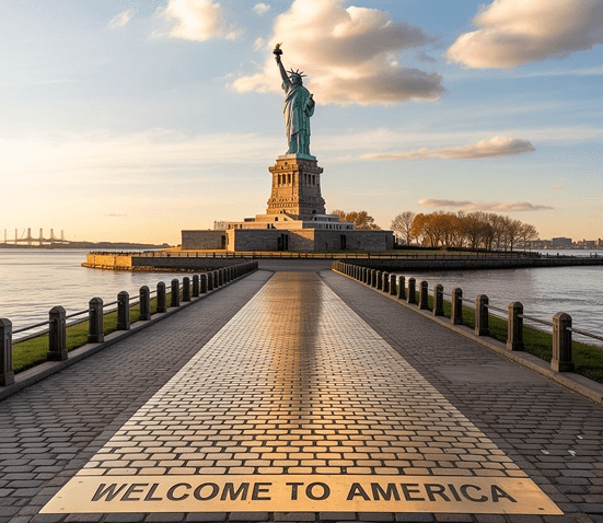 Statue of Liberty with Welcome to America text