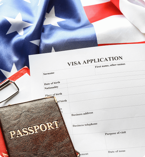 U.S. flag with passport and visa application