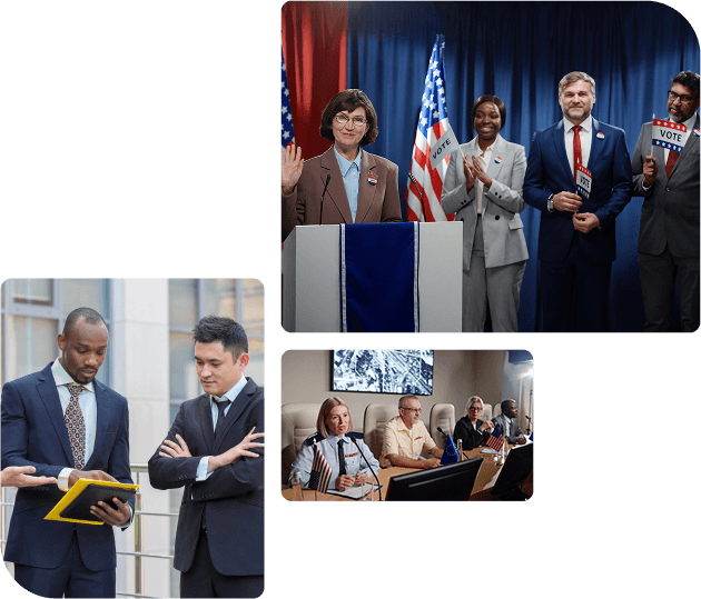 Government officials at podium with flags