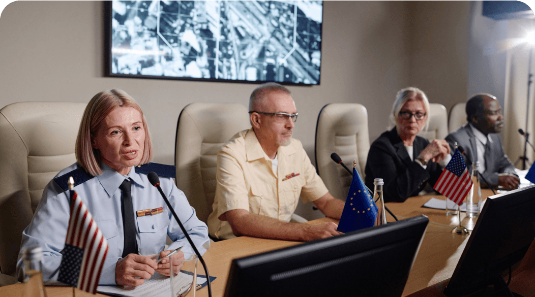 Diplomatic meeting with flags