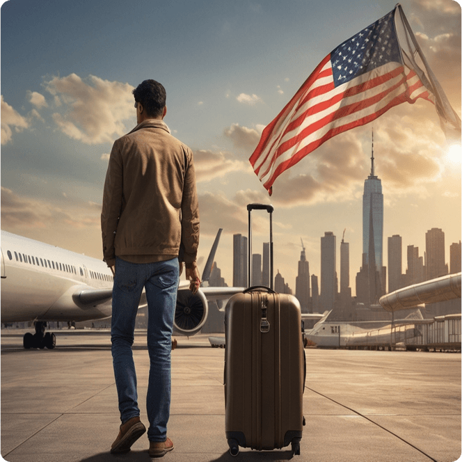 Traveler with American flag and skyline