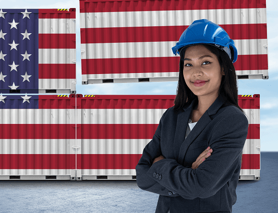 Professional with hard hat in front of American flag