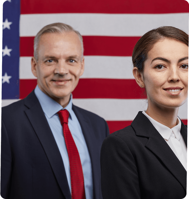 Professional immigration attorneys in front of American flag